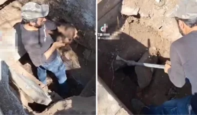 Mezar açma işlemi yapan görevlinin, kemikleri fırlatıp dalga geçtiği anlar pes dedirtti